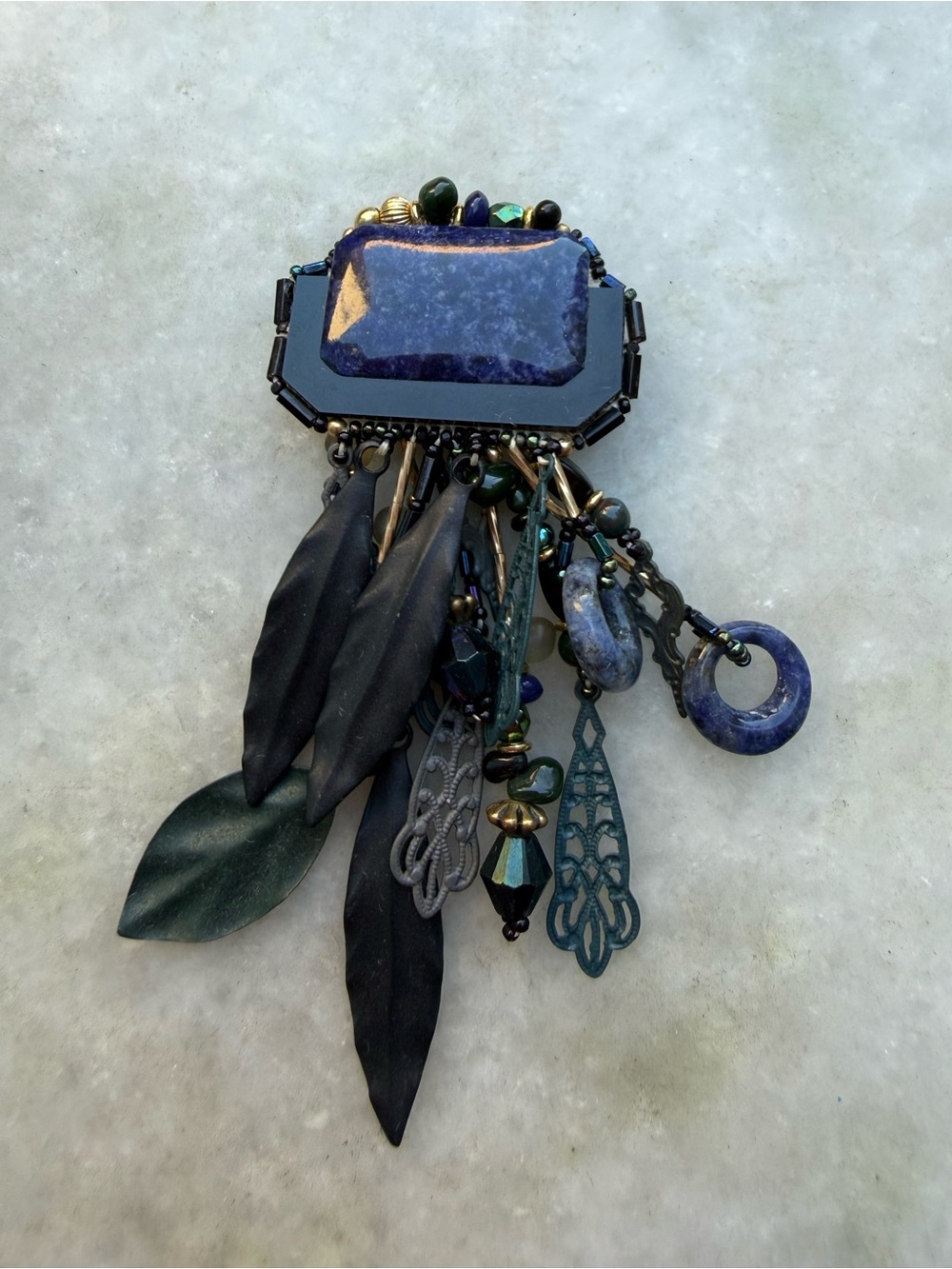 Chipita Vintage Brooch Pin — Sodalite Stone with Feather & Filigree Dangles, Art